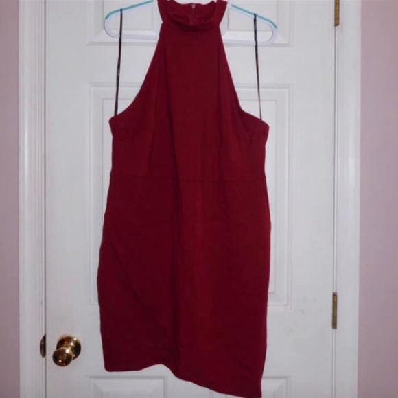 red high neck midi dress